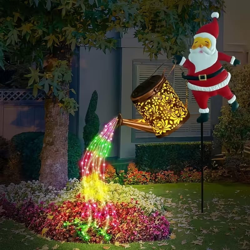 Santa Watering Can Solar Garden Light | Cascading LED, IP44 Waterproof, Ground Stake | Warm White & Rainbow