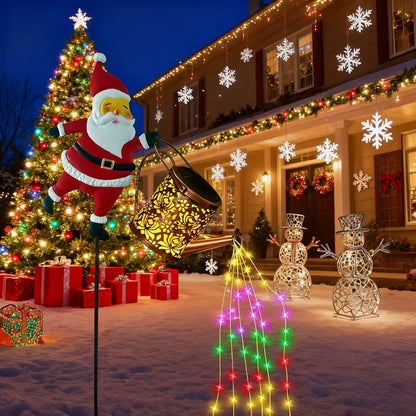 Santa Watering Can Solar Garden Light | Cascading LED, IP44 Waterproof, Ground Stake | Warm White & Rainbow