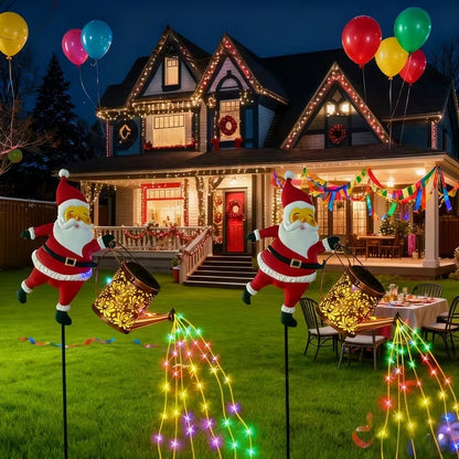 Santa Watering Can Solar Garden Light | Cascading LED, IP44 Waterproof, Ground Stake | Warm White & Rainbow