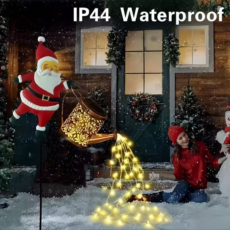 Santa Watering Can Solar Garden Light | Cascading LED, IP44 Waterproof, Ground Stake | Warm White & Rainbow