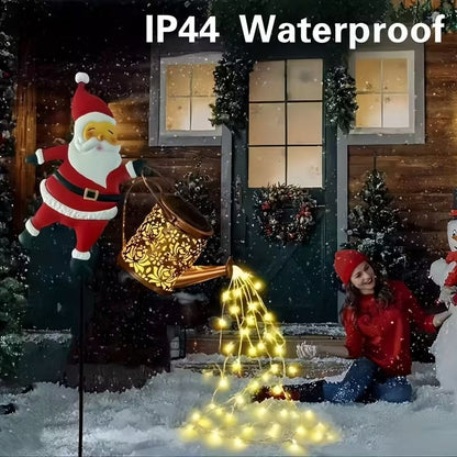 Santa Watering Can Solar Garden Light | Cascading LED, IP44 Waterproof, Ground Stake | Warm White & Rainbow