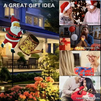 Santa Watering Can Solar Garden Light | Cascading LED, IP44 Waterproof, Ground Stake | Warm White & Rainbow