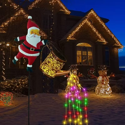 Santa Watering Can Solar Garden Light | Cascading LED, IP44 Waterproof, Ground Stake | Warm White & Rainbow