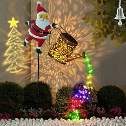 Santa Watering Can Solar Garden Light | Cascading LED, IP44 Waterproof, Ground Stake | Warm White & Rainbow