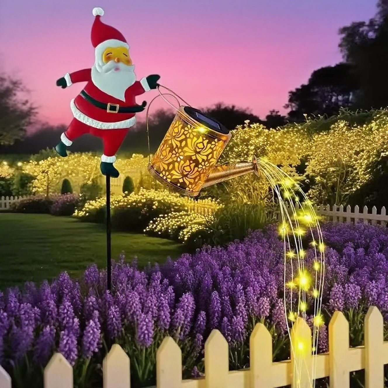 Santa Watering Can Solar Garden Light | Cascading LED, IP44 Waterproof, Ground Stake | Warm White & Rainbow