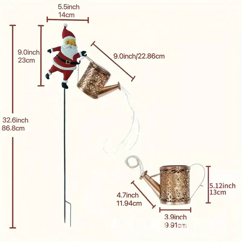 Santa Watering Can Solar Garden Light | Cascading LED, IP44 Waterproof, Ground Stake | Warm White & Rainbow