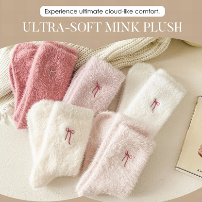 Women's Plush Mink Socks with Bow Embroidery