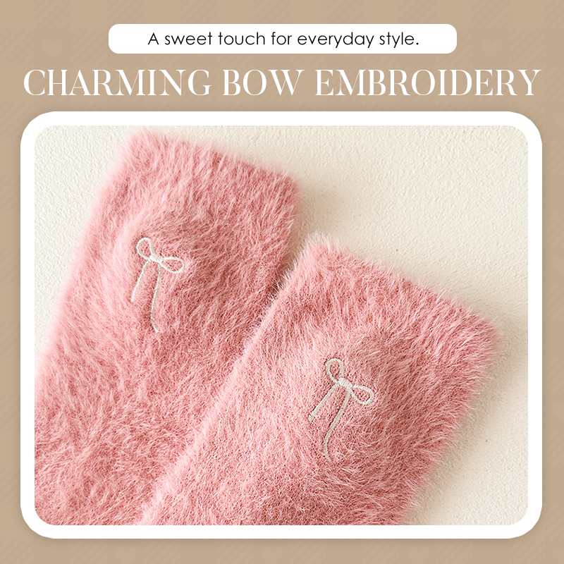 Women's Plush Mink Socks with Bow Embroidery
