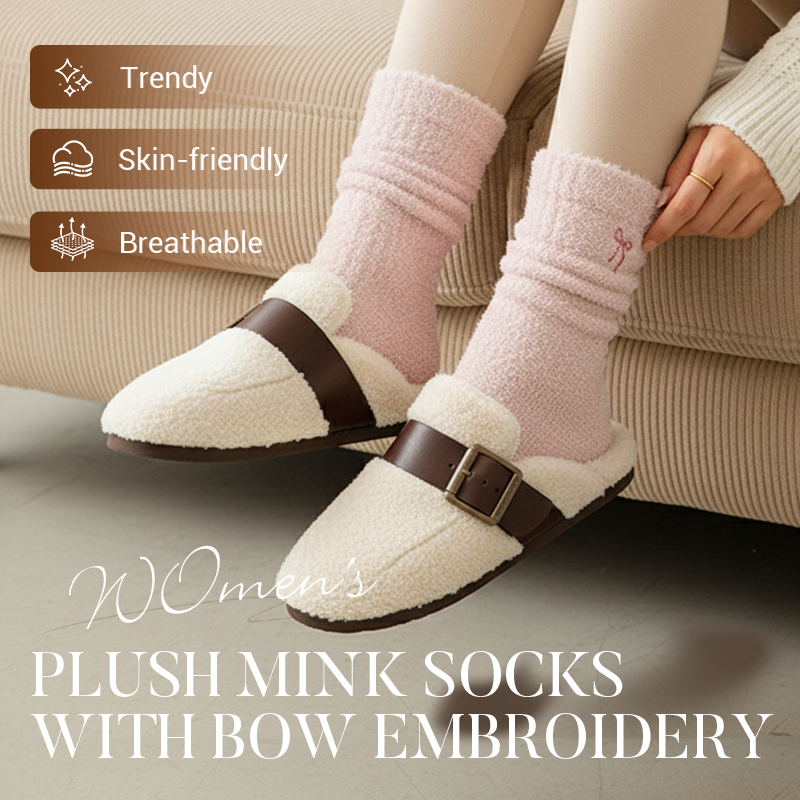Women's Plush Mink Socks with Bow Embroidery