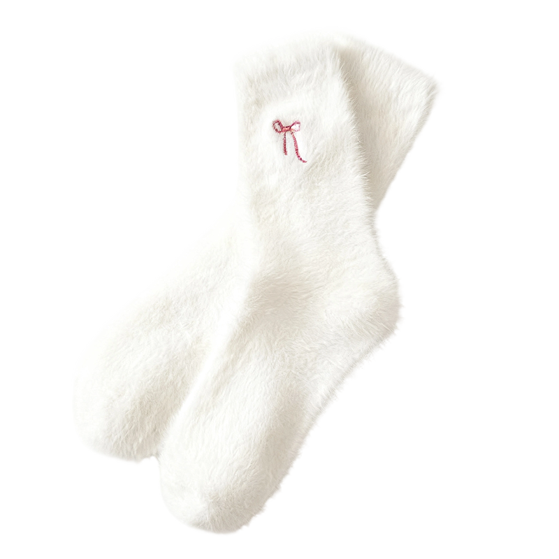 Women's Plush Mink Socks with Bow Embroidery