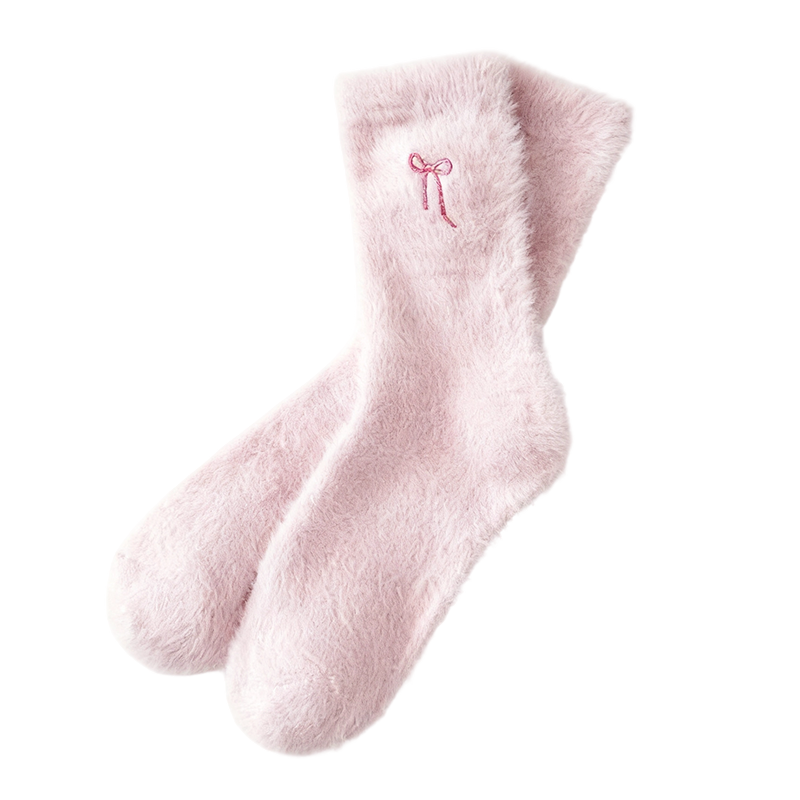 Women's Plush Mink Socks with Bow Embroidery