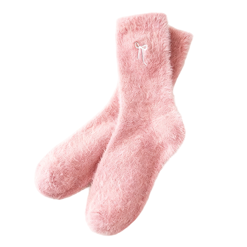 Women's Plush Mink Socks with Bow Embroidery