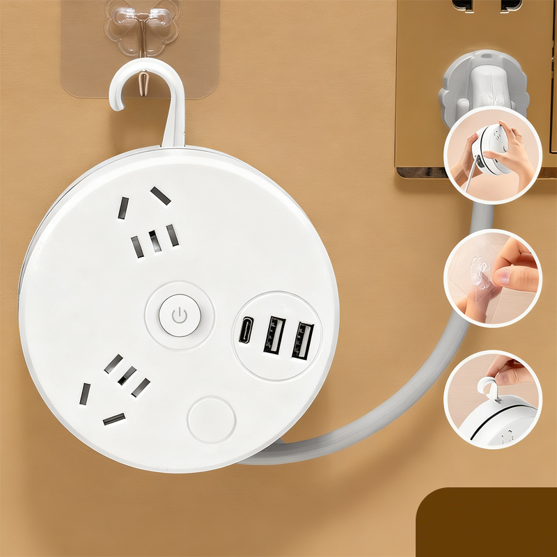 Retractable Power Strip with Hook & USB Ports