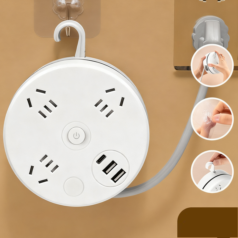 Retractable Power Strip with Hook & USB Ports
