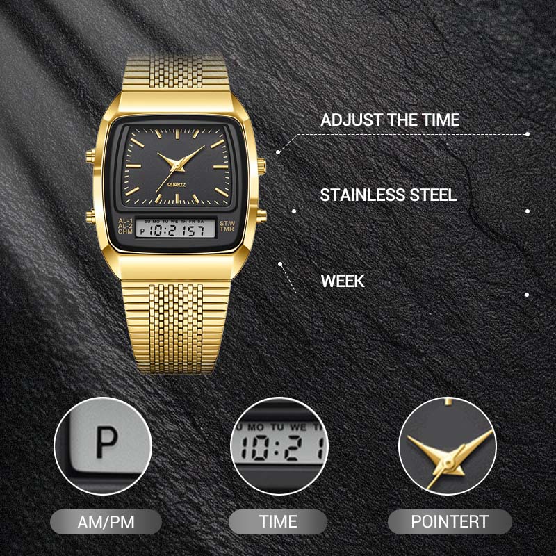 ⌚50% OFF💥Retro Style Square Face Multifunction Watch – Dual Display, Zinc Alloy, Stainless Steel✨