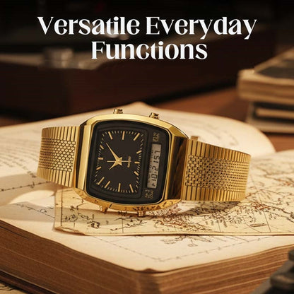 ⌚50% OFF💥Retro Style Square Face Multifunction Watch – Dual Display, Zinc Alloy, Stainless Steel✨