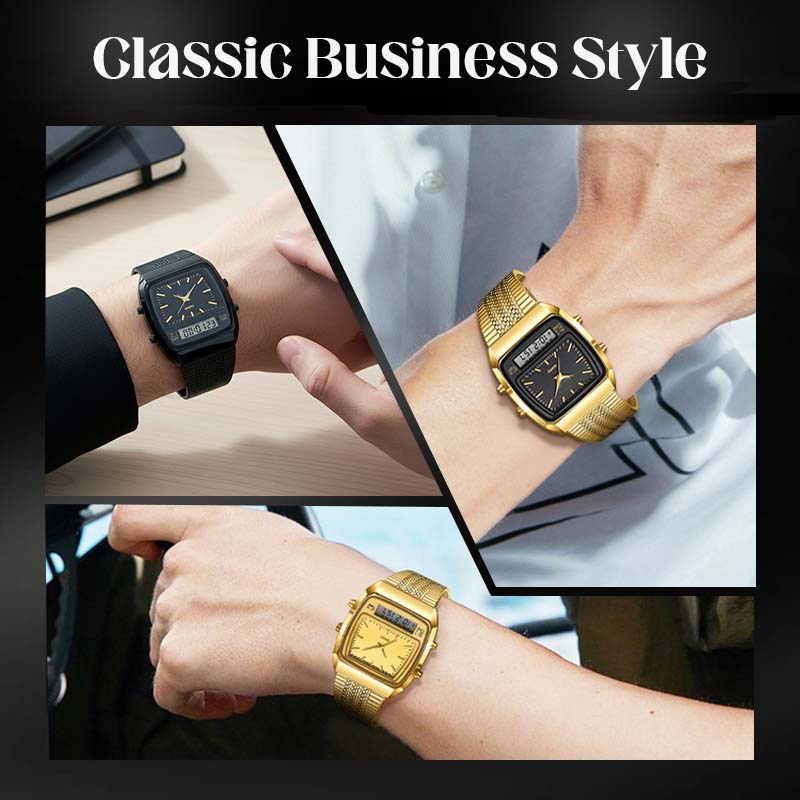⌚50% OFF💥Retro Style Square Face Multifunction Watch – Dual Display, Zinc Alloy, Stainless Steel✨