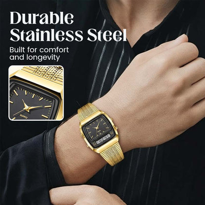 ⌚50% OFF💥Retro Style Square Face Multifunction Watch – Dual Display, Zinc Alloy, Stainless Steel✨