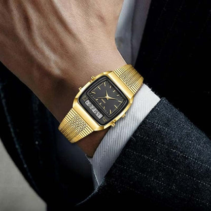 ⌚50% OFF💥Retro Style Square Face Multifunction Watch – Dual Display, Zinc Alloy, Stainless Steel✨