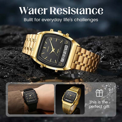 ⌚50% OFF💥Retro Style Square Face Multifunction Watch – Dual Display, Zinc Alloy, Stainless Steel✨