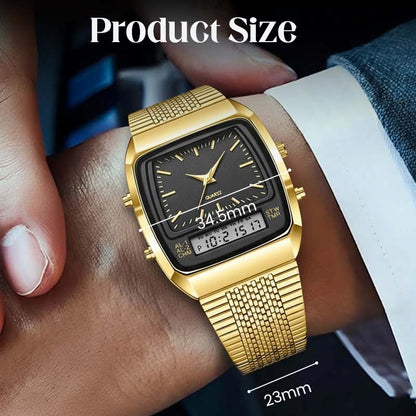 ⌚50% OFF💥Retro Style Square Face Multifunction Watch – Dual Display, Zinc Alloy, Stainless Steel✨