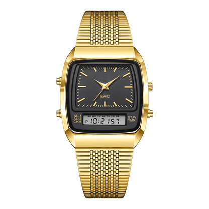 ⌚50% OFF💥Retro Style Square Face Multifunction Watch – Dual Display, Zinc Alloy, Stainless Steel✨
