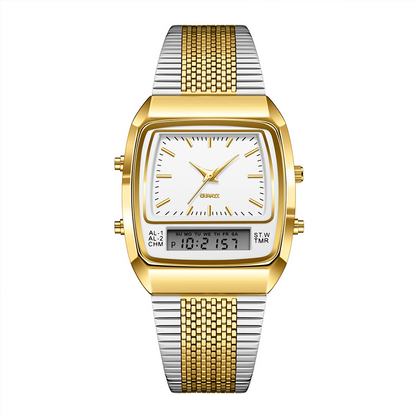 ⌚50% OFF💥Retro Style Square Face Multifunction Watch – Dual Display, Zinc Alloy, Stainless Steel✨