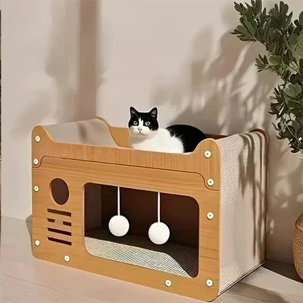 🎁2026 New Arrivals 50% OFF💥2‑in‑1 Sisal Cat Scratching Lounger‑Wood Frame Curved Cat Rest Bed 🛋️