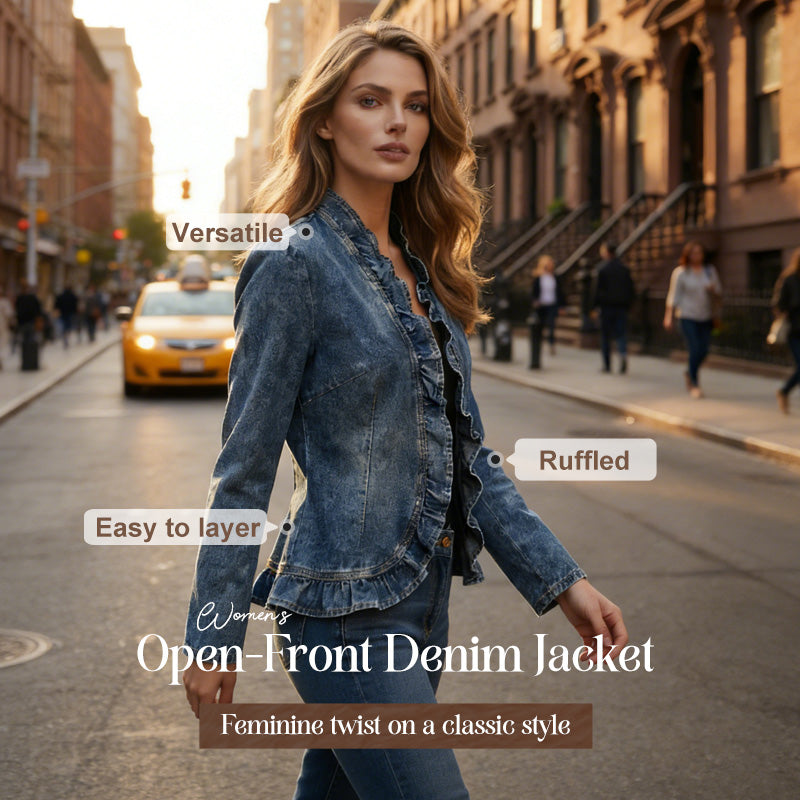 🧥 50% OFF NOW! 🌸 Women's Ruffle Trim Open-Front Denim Jacket – Lightweight, feminine & versatile – chic for any outfit 👗