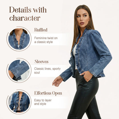 🧥 50% OFF NOW! 🌸 Women's Ruffle Trim Open-Front Denim Jacket – Lightweight, feminine & versatile – chic for any outfit 👗