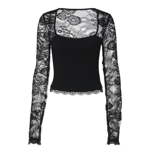Women's Solid Color T-Shirt with Floral Lace, Split Ruffles and Sheer Sleeves