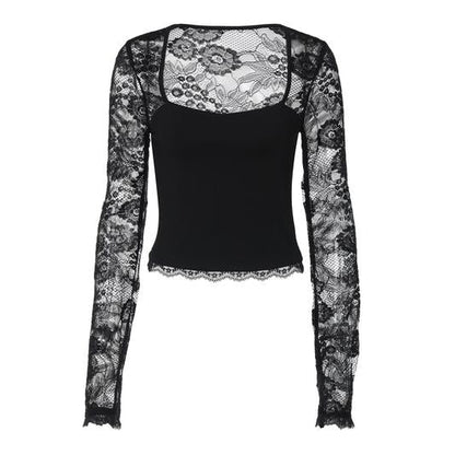 Women's Solid Color T-Shirt with Floral Lace, Split Ruffles and Sheer Sleeves