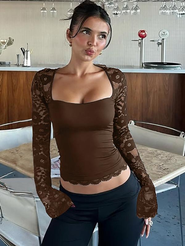 Women's Solid Color T-Shirt with Floral Lace, Split Ruffles and Sheer Sleeves