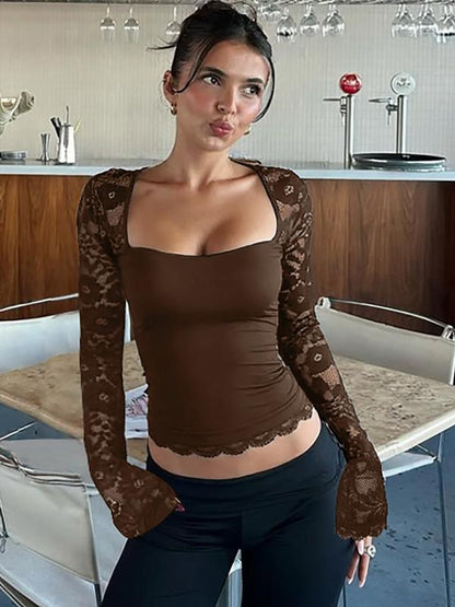 Women's Solid Color T-Shirt with Floral Lace, Split Ruffles and Sheer Sleeves