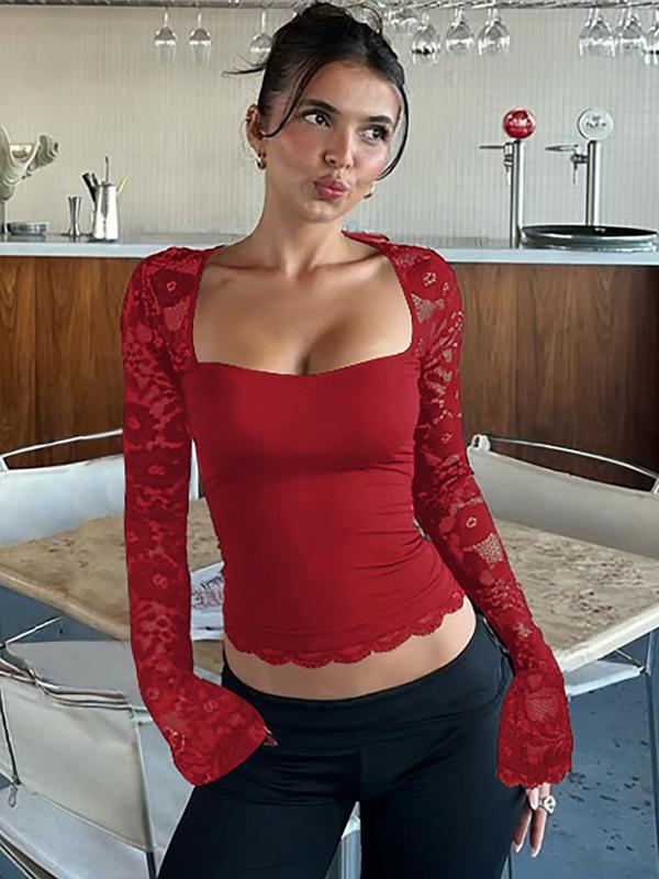 Women's Solid Color T-Shirt with Floral Lace, Split Ruffles and Sheer Sleeves
