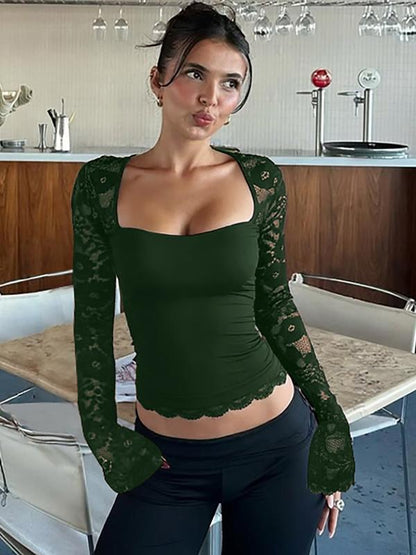 Women's Solid Color T-Shirt with Floral Lace, Split Ruffles and Sheer Sleeves
