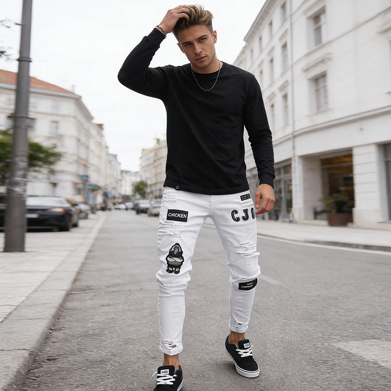 👖Men's Ripped Skinny Jeans – Edgy Patchwork & Durable Denim🎨👟