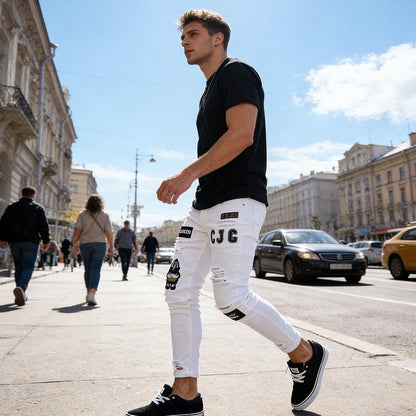 👖Men's Ripped Skinny Jeans – Edgy Patchwork & Durable Denim🎨👟