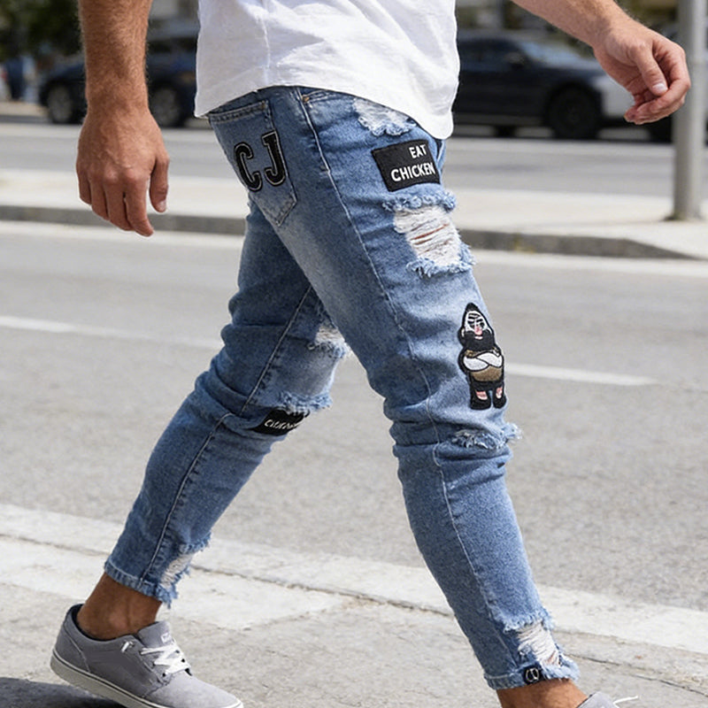 👖Men's Ripped Skinny Jeans – Edgy Patchwork & Durable Denim🎨👟