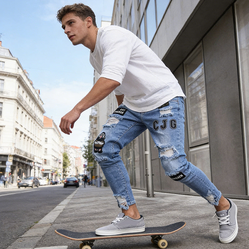 👖Men's Ripped Skinny Jeans – Edgy Patchwork & Durable Denim🎨👟