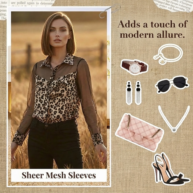 Women's Leopard Print Shirt with Contrast Mesh