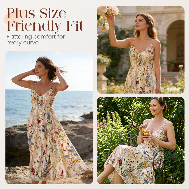 🔥Plus Size Floral Print Spaghetti Strap Midi Dress