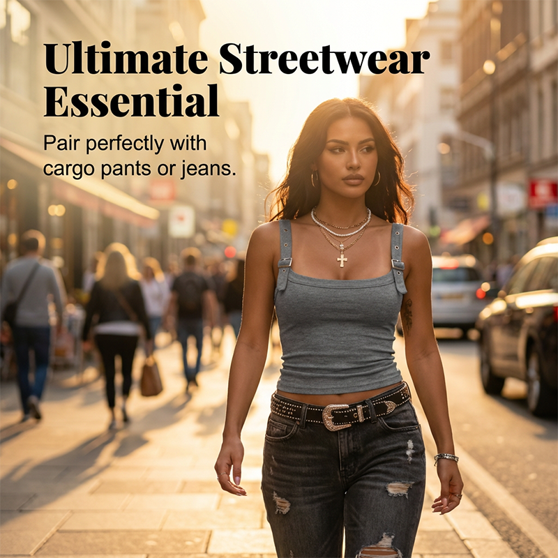 Adjustable Buckle Strap Ribbed Tank Top for Women
