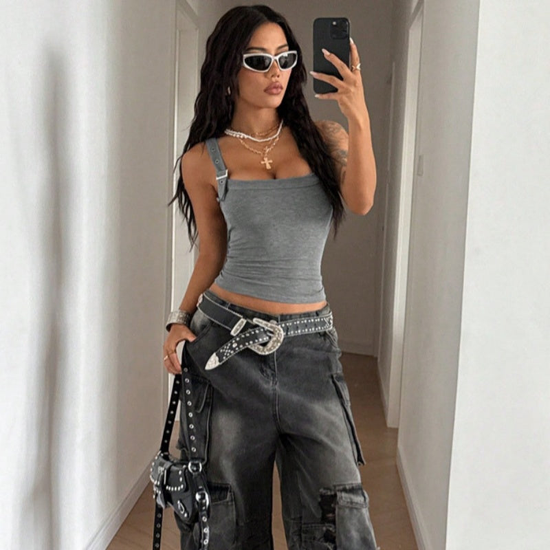 Adjustable Buckle Strap Ribbed Tank Top for Women