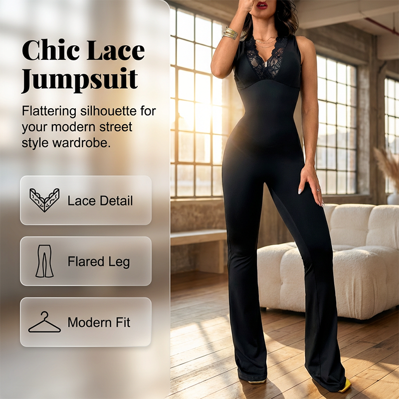 Elegant Lace V-Neck Flared Leg Jumpsuit