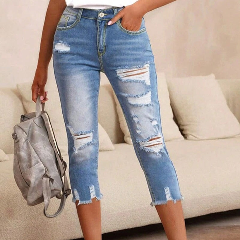 Women's Ripped Washed Raw Hem Jeans