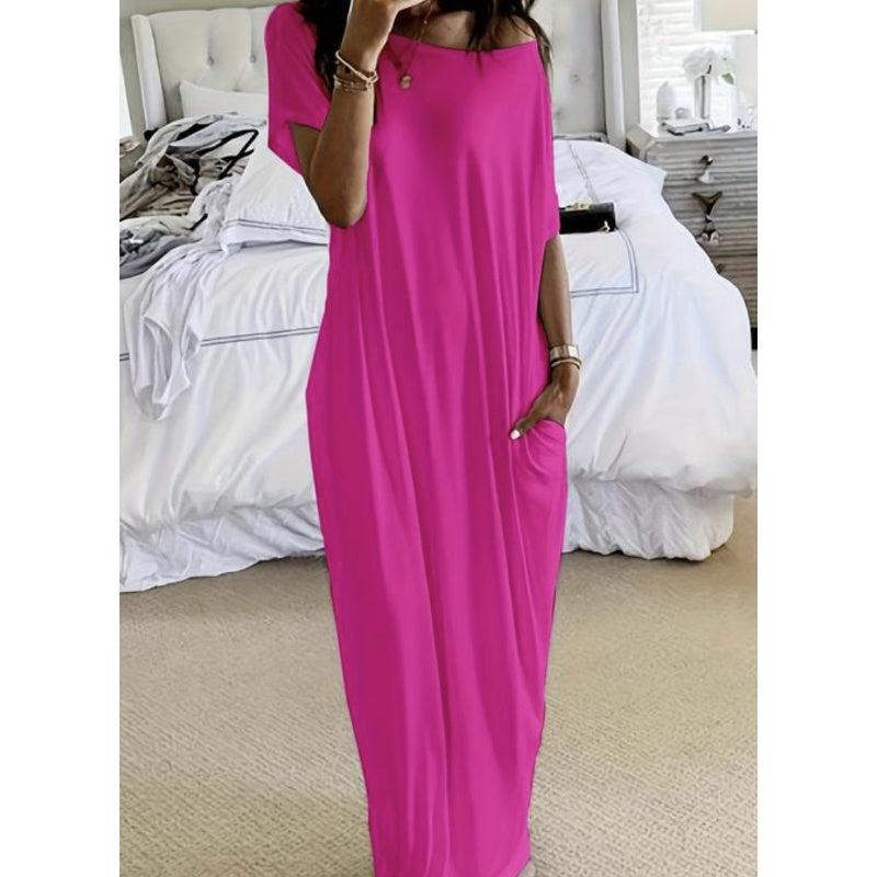 Women's Summer Casual Loose Solid Color Short-Sleeve Long Dress