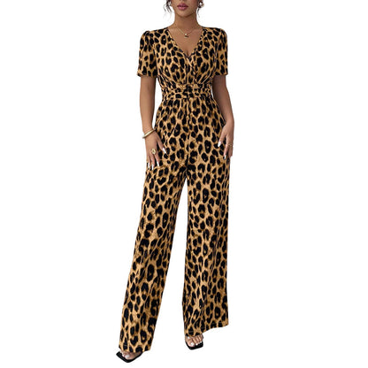 Leopard Print V-Neck Wide-Leg Jumpsuit