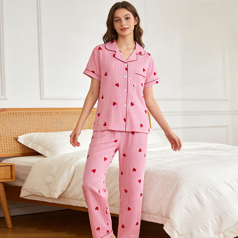 Women's Heart Print Striped Pajama Set