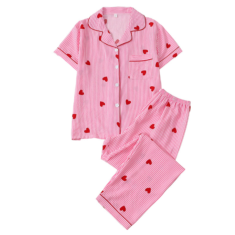 Women's Heart Print Striped Pajama Set